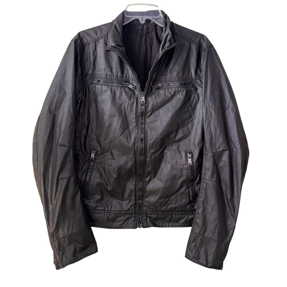 Rogue Mens Jacket Small Black Faux Leather Motorcycle Biker Bomber Full Zip